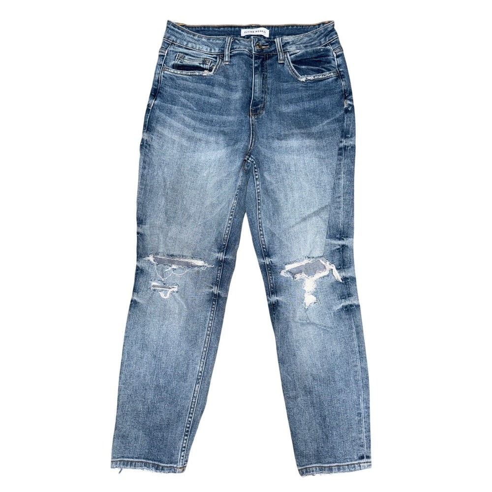 Flying Monkey Womens Blue Denim Distressed Ripped Straight Leg Jeans Size 26